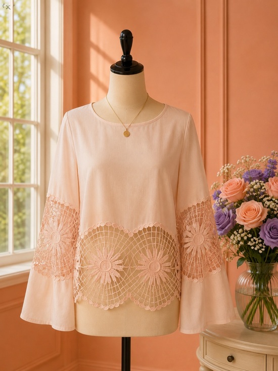 VENUS Tops - Vintage boho Women's Blush Pink Crochet-Hem Long Sleeve Top